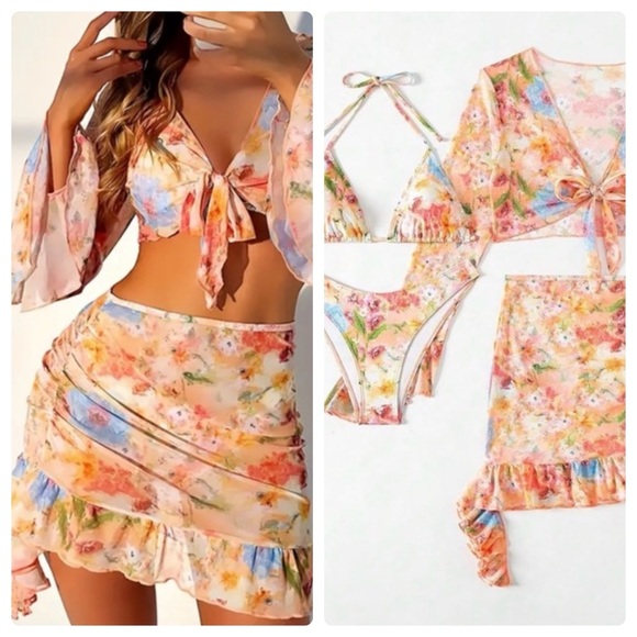 4 Piece Floral Halter Top Bikini Set with Sheer Cover Up & Ruffled Skirt - Picture 7 of 12